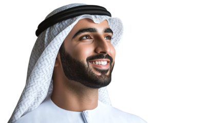 Portrait of a smiling, handsome saudi man wearing traditional clothes, isolated on transparent background.