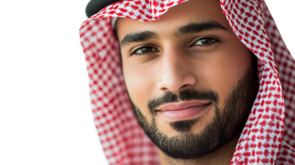 Portrait of a smiling, handsome saudi man wearing traditional clothes, isolated on transparent background.