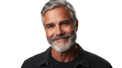 Portrait of a well-groomed mature man with grey hair and a beard, happy smiling, isolated on transparent background cutout.