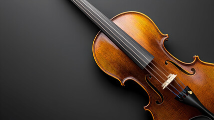 Fototapeta premium A Polished Violin Rests Angled On A Dark Background With Warm Brown And Gold Finishes