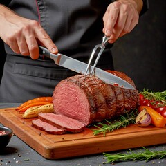 Chef Carving Juicy Roast Beef Masterpiece