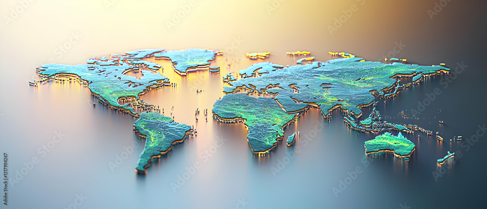 Poster 3d rendered pixelated world map with glowing green and orange edges on a soft gradient background