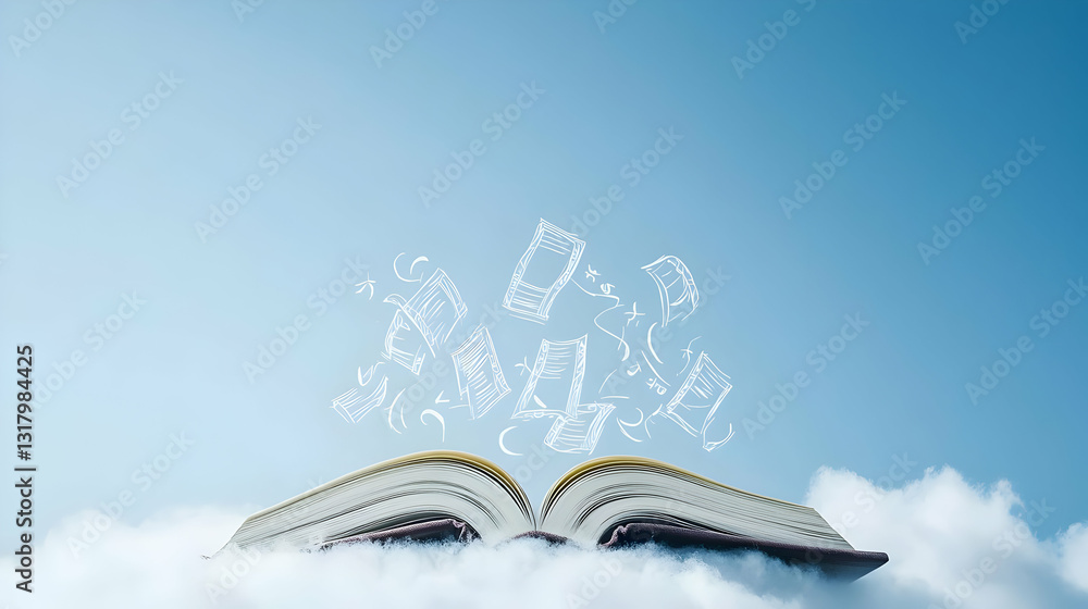 Poster open book with glowing letters floating above clouds in bright blue sky representing knowledge and i