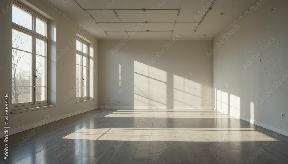 Poster bright empty room with large windows and soft shadows on floor
