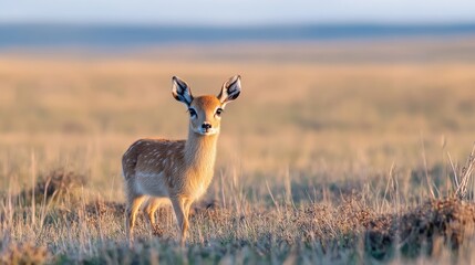A young deer stands in a golden meadow at sunrise