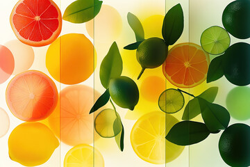 Image of transparent citrus fruit slices, including oranges, lemons and limes in bright colors on a white background.