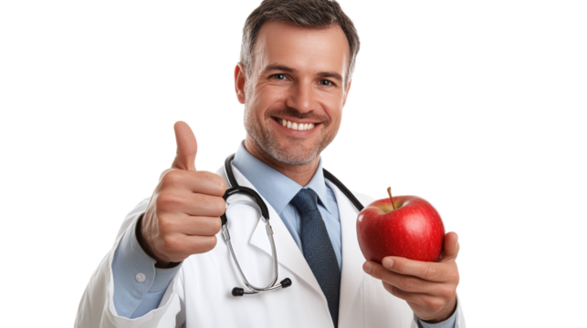 Smiling doctor holding a fresh apple and showing thumbs up gesture, isolated on transparent background.