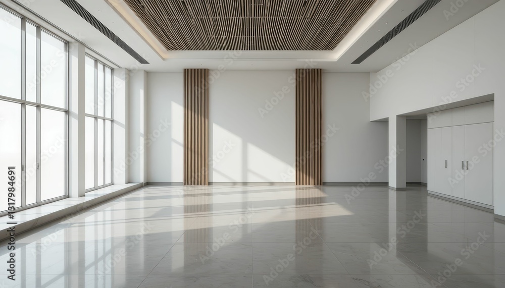 Poster modern empty room with large windows and minimalist design