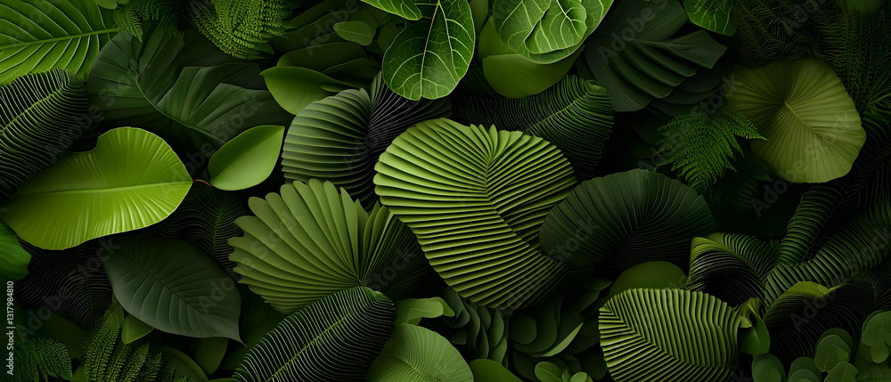 Poster lush green foliage in deep and vibrant shades with pixel art style intertwined with 3d rendered voxe