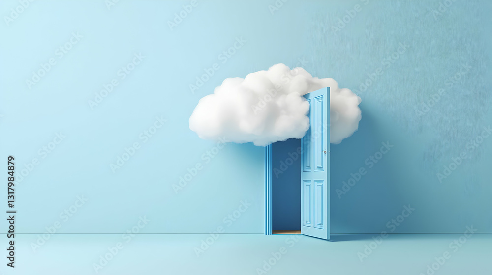 Poster open blue door to white fluffy cloud with binary code rain in light blue room 3d rendering