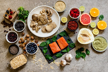 spices and herbs with salmon, top ten most healthy food, superfoods, spinach, mushrooms, sezame