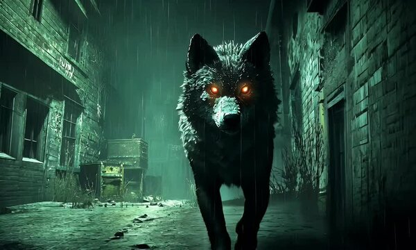 Dark Green Wolf Prowling Down Rainy Alley at Night