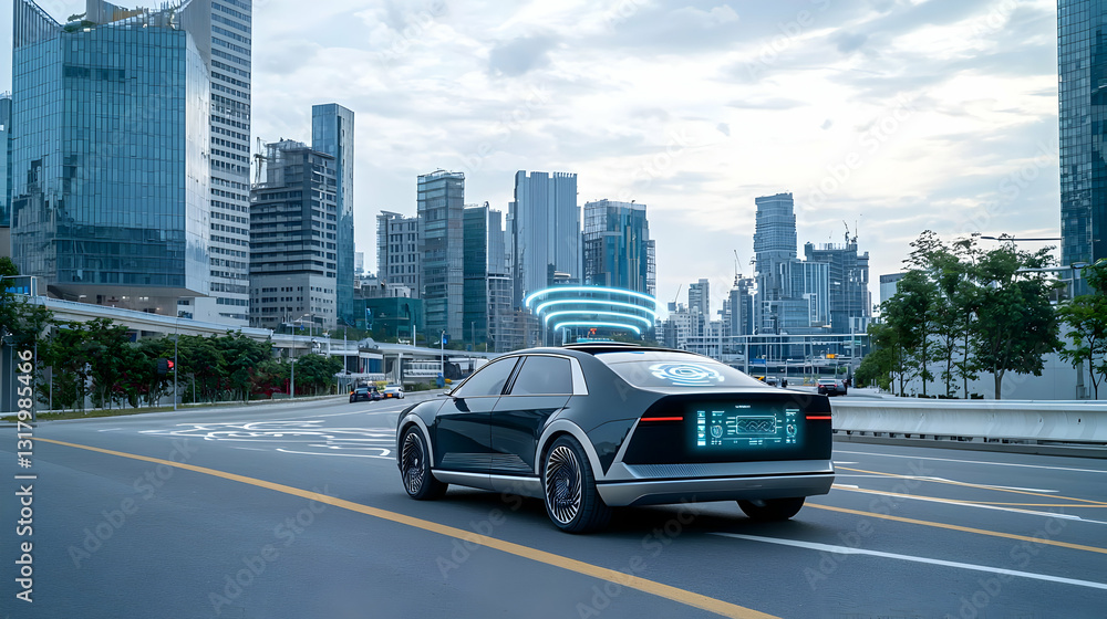 Poster silver autonomous car navigating a city street with wireless network sensor technology and futuristi