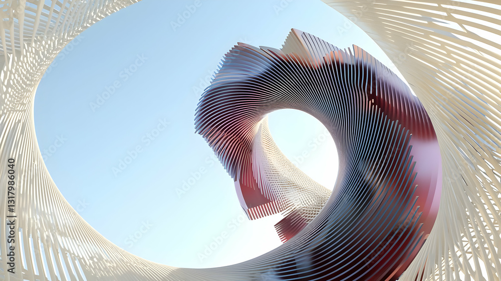 Aufkleber abstract 3d rendered shape with metallic texture and spiral structure in front of blue sky