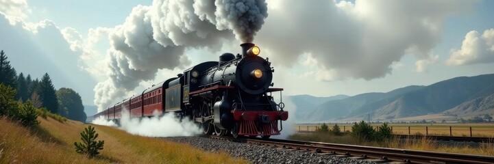 Fototapeta premium Powerful steam locomotive, billowing smoke, scenic backdrop, view, transportation, locomotive