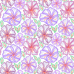 Colorful decorative botanical floral seamless pattern. Hand drawn bright simple flowers with leaves on white background. For textile, wallpaper, print, wrapping, scrapbooking. Spring illustration