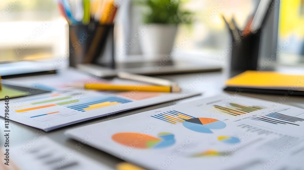 Poster documents with colorful charts and graphs scattered on a cluttered desk, signifying data analysis an