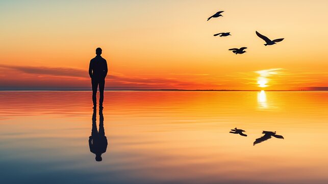 Silhouette of a Man Watching Sunset Over Ocean with Flying Birds