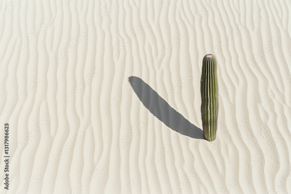 Poster minimalist sand background with single cactus casting shadow