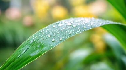Vibrant bamboo leaf with dewdrops, soft sunlight, blurred flowers, embodying summer's refreshing simplicity.