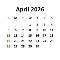 april 2026. Calendar with holydays or red dates. monthly calendar design with week starts on sunday. printable, simple, and clean vector design isolated on white background.