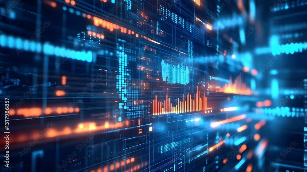 Poster abstract digital data stream background with glowing lines and charts