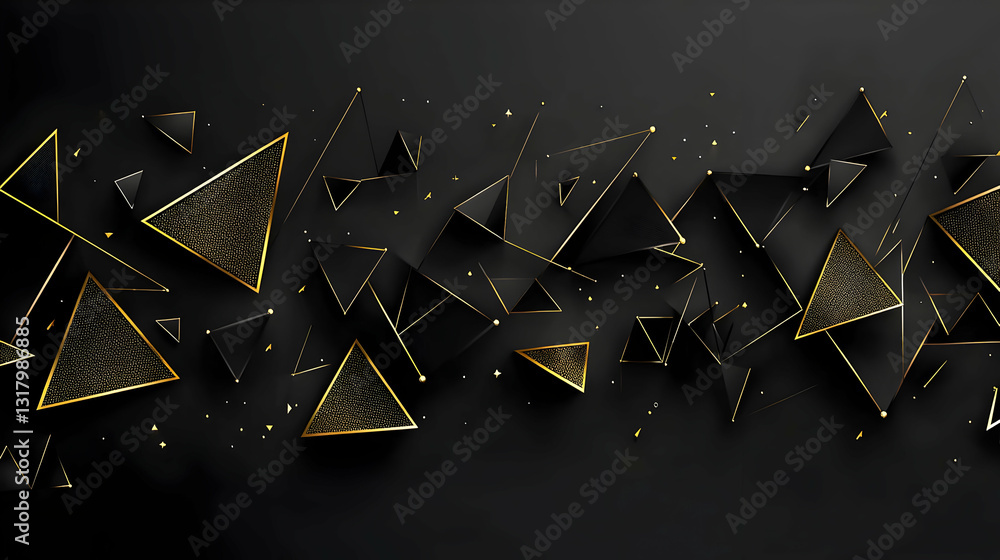 Poster dark abstract background with 3d golden and black triangles with glitter effect for luxurious design