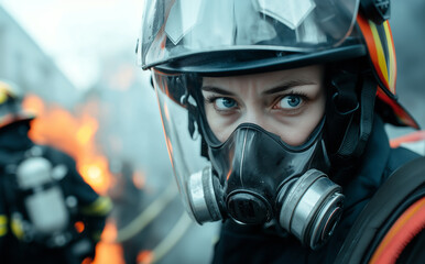 Fototapeta premium focused female firefighter in protective gear stands near blaze