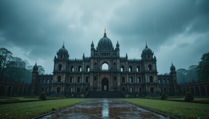 Obraz premium Majestic Historical Building Under Dark Rainy Sky at Dusk