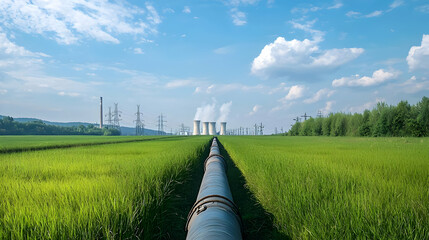 Large Industrial Pipeline Cuts Through Lush Green Field Towards Distant Power Plant Under Bright Blue Sky With Puffy White Clouds