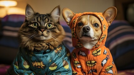 Fototapeta na wymiar a cat and dog in pajamas looking at camera
