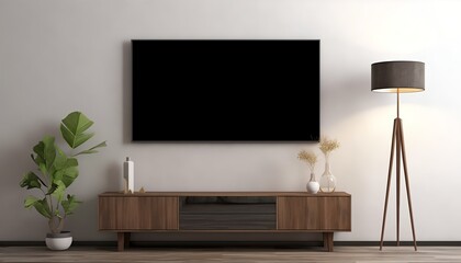 Tv room interior mockup with desk, objects, and floor lamp