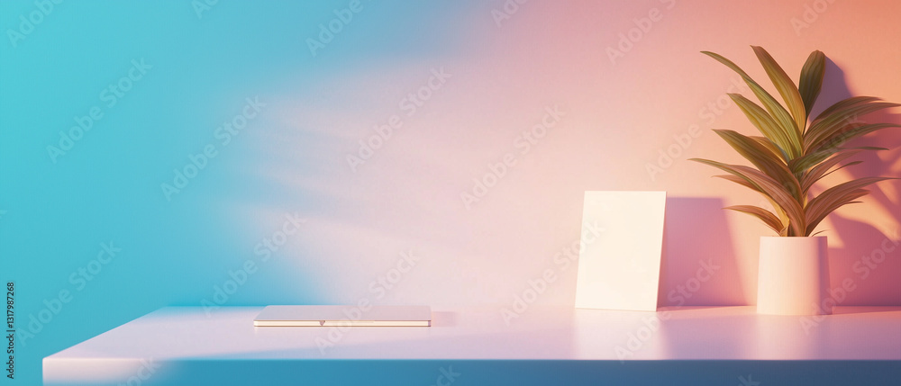 Aufkleber sleek and minimal desk setup with plant and subtle gradient background