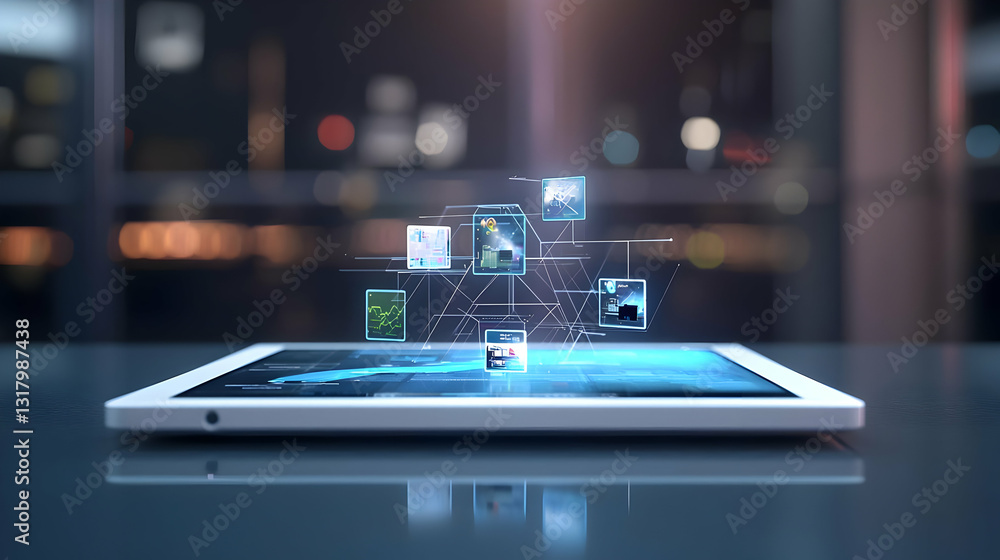 Poster white tablet displaying interconnected images with futuristic blue light in blurred background on gl