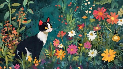 Naklejka premium a cat with black and white fur in a garden surrounded by colorful flowers, looking into the distance