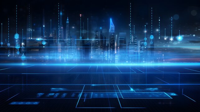 Blue digital high-tech background with data grids and futuristic business visuals