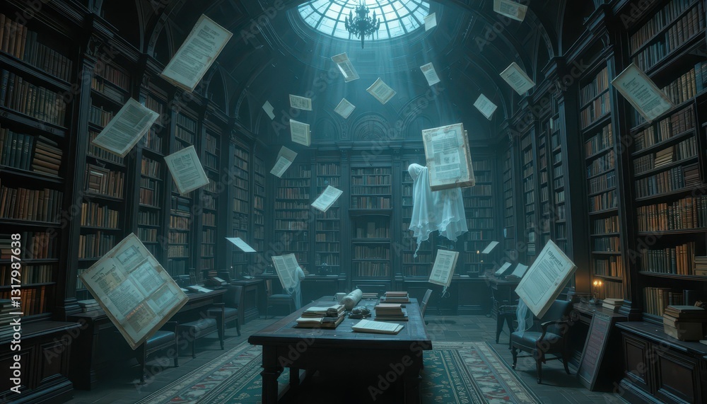 Poster enchanted library with floating books and ethereal atmosphere