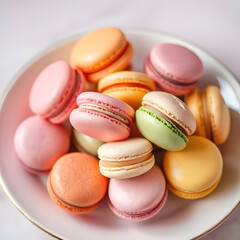 Fototapeta premium Colorful Macarons on White Plate Sweet French Pastries, Dessert, Bakery, Delicious Treats