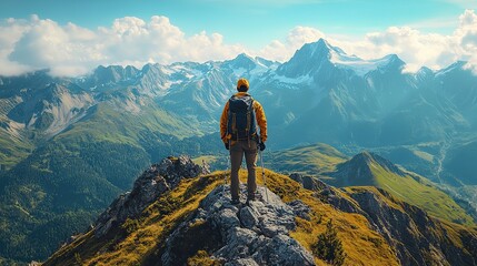 tourist on a mountain summit surrounded by expansive views