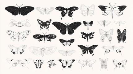 Naklejka premium Monochrome butterfly collection; scientific illustration; white background; educational resource