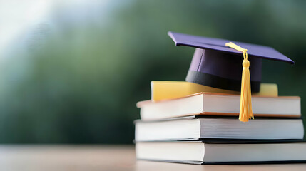 Dark Purple Graduation Cap With Gold Tassel Atop Stack Of Books On Wooden Table With Blurred Green Background In Natural Light Ideal For Educational