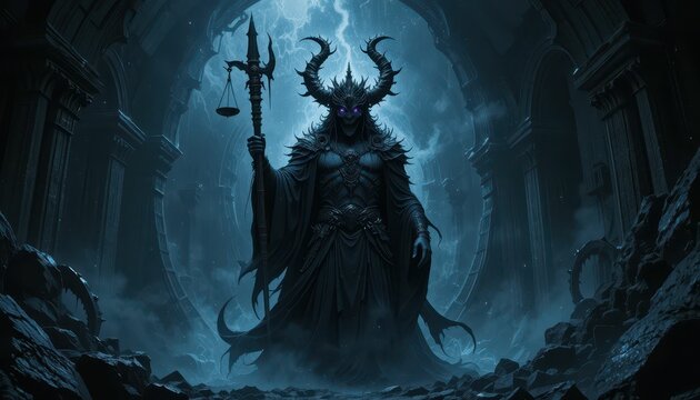 Enigmatic Figure in Dark Cloak Holding Scales Against Stormy Background