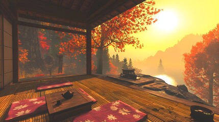 Naklejka premium Zen garden, autumn view, serene teahouse, digital art, interior
