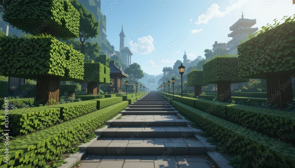 Poster serene pathway through lush greenery in block-based world