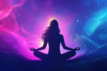 Silhouette of a person in a meditative pose with a vibrant, cosmic background