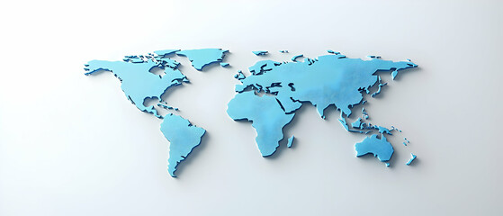 Three Dimensional Light Blue World Map On A White Background With Simple Clean Design