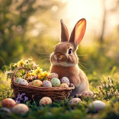 Bunny with Easter Eggs in Spring Meadow