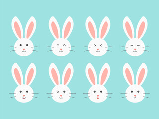 Happy cute white bunny rabbit head in defferent emotion face, cartoon character flat styles for easter holiday, vector illustration