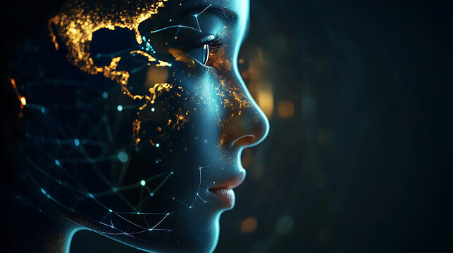 Human face woman global network earth technology is glowing on face, expressing her concern about future of planet