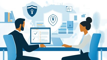 Two professionals discussing cybersecurity measures in a modern office setting, with digital icons